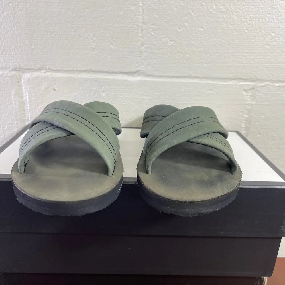 Rainbow Men's Sandals Crisscross Sage Green Leather Slide Slip On Size 10